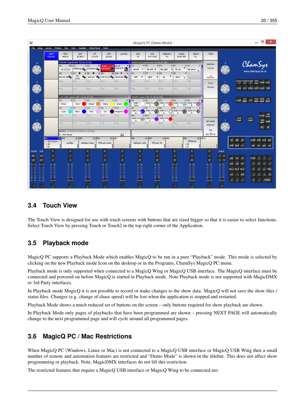 Touch view, Playback mode, Magicq pc / mac restrictions | ChamSys MagicQ User Manual User Manual | Page 49 / 384