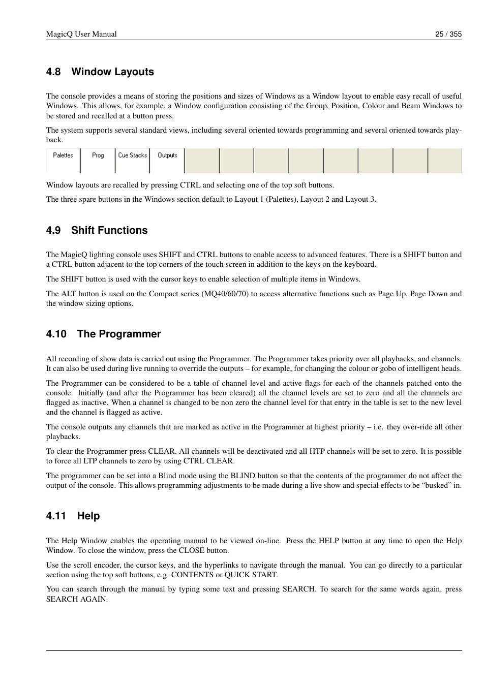 Window layouts, Shift functions, The programmer | Help, 10 the programmer, 11 help | ChamSys MagicQ User Manual User Manual | Page 54 / 384