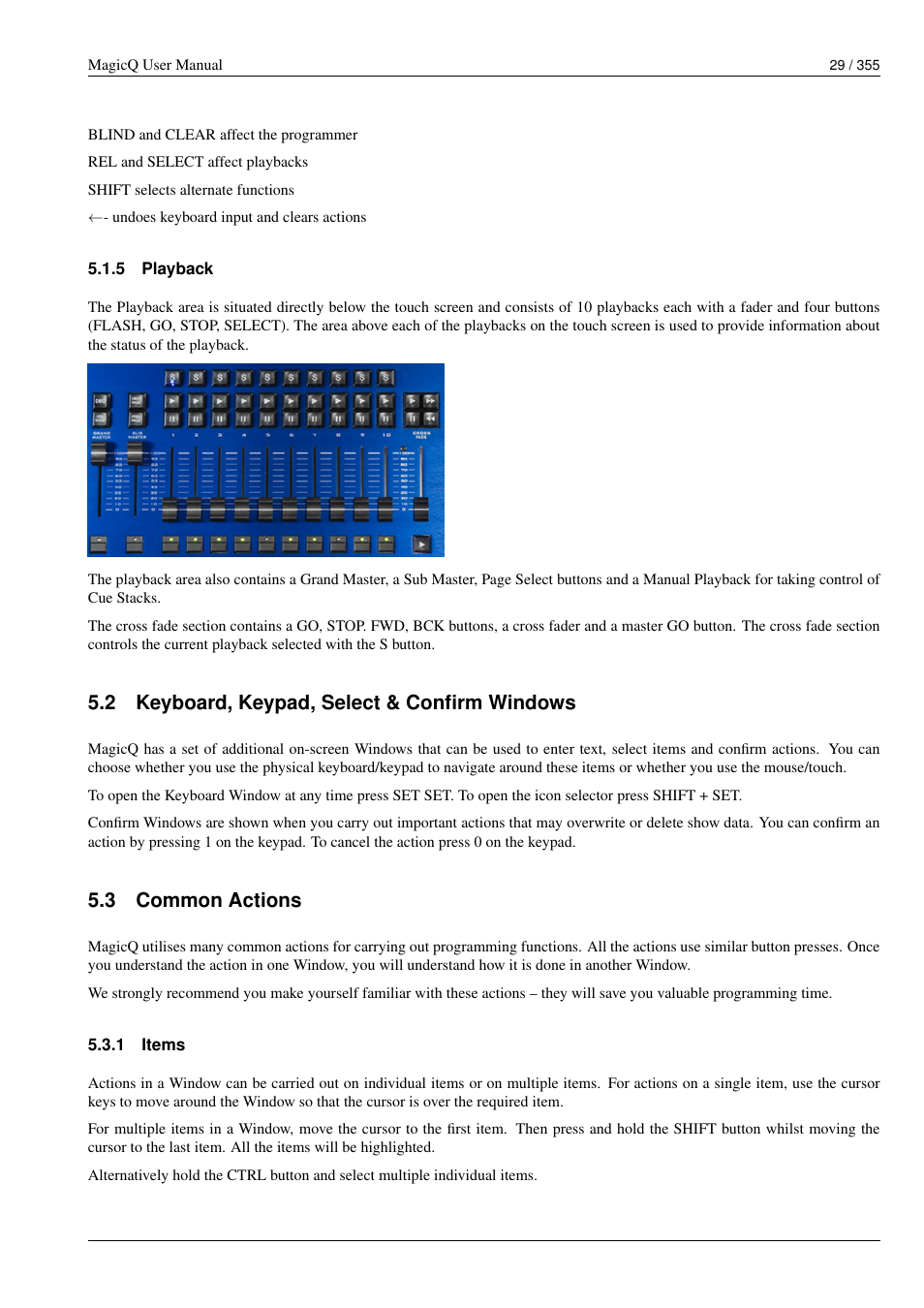 Playback, Keyboard, keypad, select & confirm windows, Common actions | Items, 2 keyboard, keypad, select & confirm windows, 3 common actions | ChamSys MagicQ User Manual User Manual | Page 58 / 384