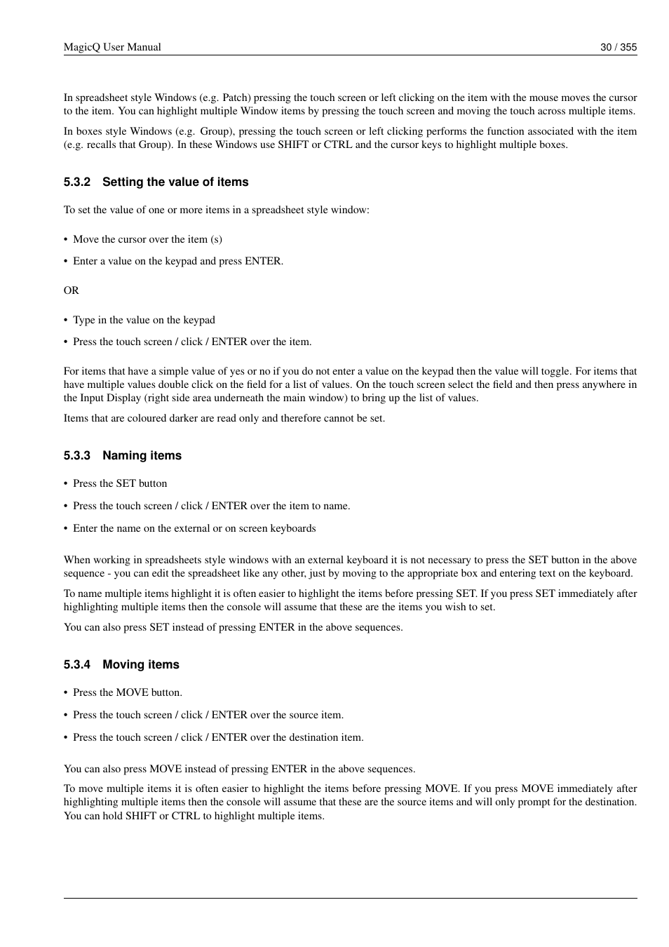 Setting the value of items, Naming items, Moving items | ChamSys MagicQ User Manual User Manual | Page 59 / 384