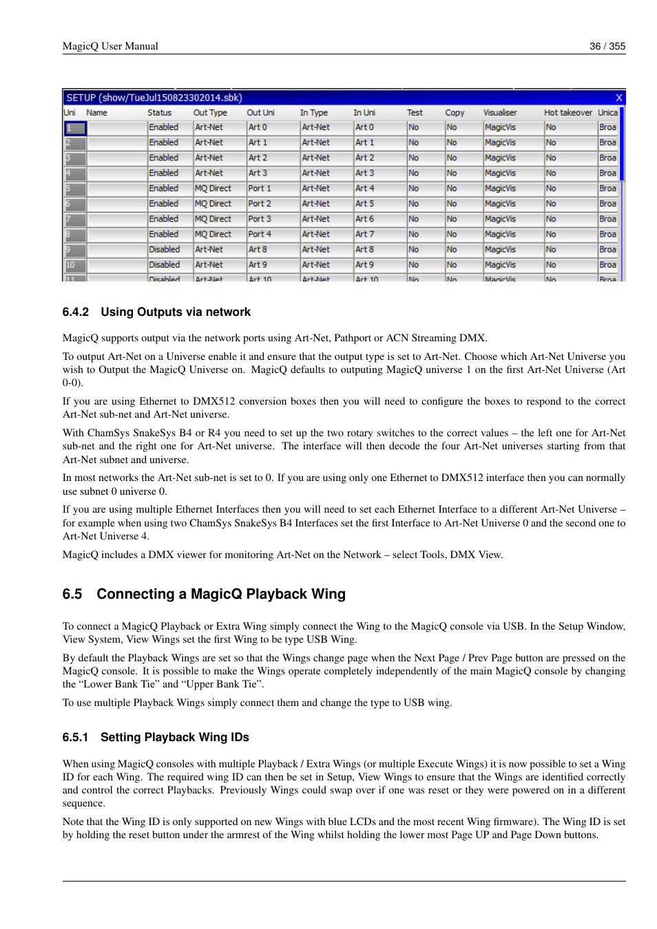 Using outputs via network, Connecting a magicq playback wing, Setting playback wing ids | 5 connecting a magicq playback wing | ChamSys MagicQ User Manual User Manual | Page 65 / 384