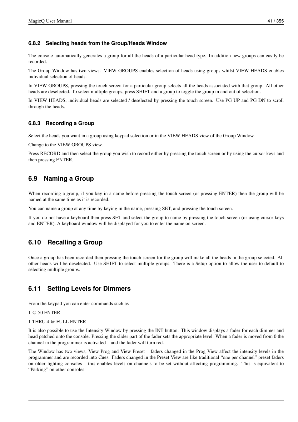 Selecting heads from the group/heads window, Recording a group, Naming a group | Recalling a group, Setting levels for dimmers, 10 recalling a group, 11 setting levels for dimmers, 9 naming a group | ChamSys MagicQ User Manual User Manual | Page 70 / 384