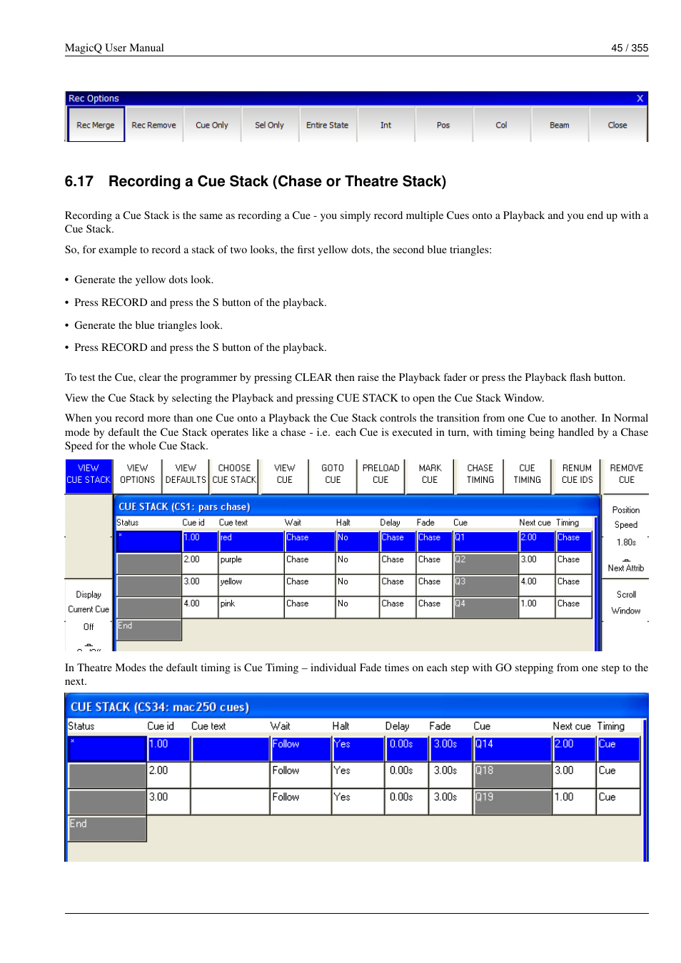 Recording a cue stack (chase or theatre stack), 17 recording a cue stack (chase or theatre stack) | ChamSys MagicQ User Manual User Manual | Page 74 / 384