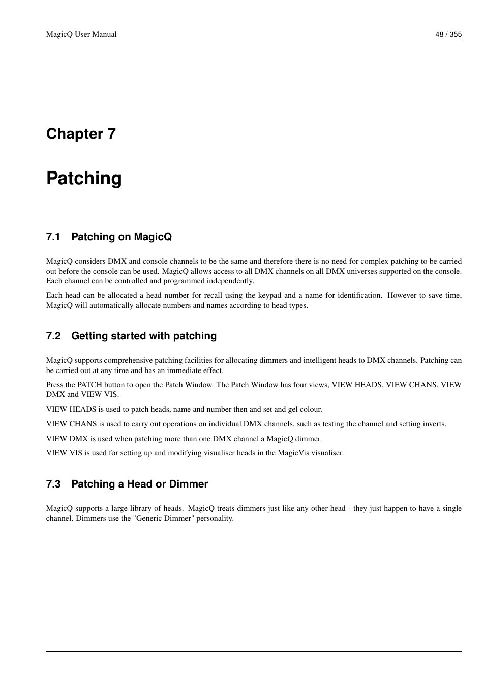 Patching, Patching on magicq, Getting started with patching | Patching a head or dimmer, Chapter 7 | ChamSys MagicQ User Manual User Manual | Page 77 / 384