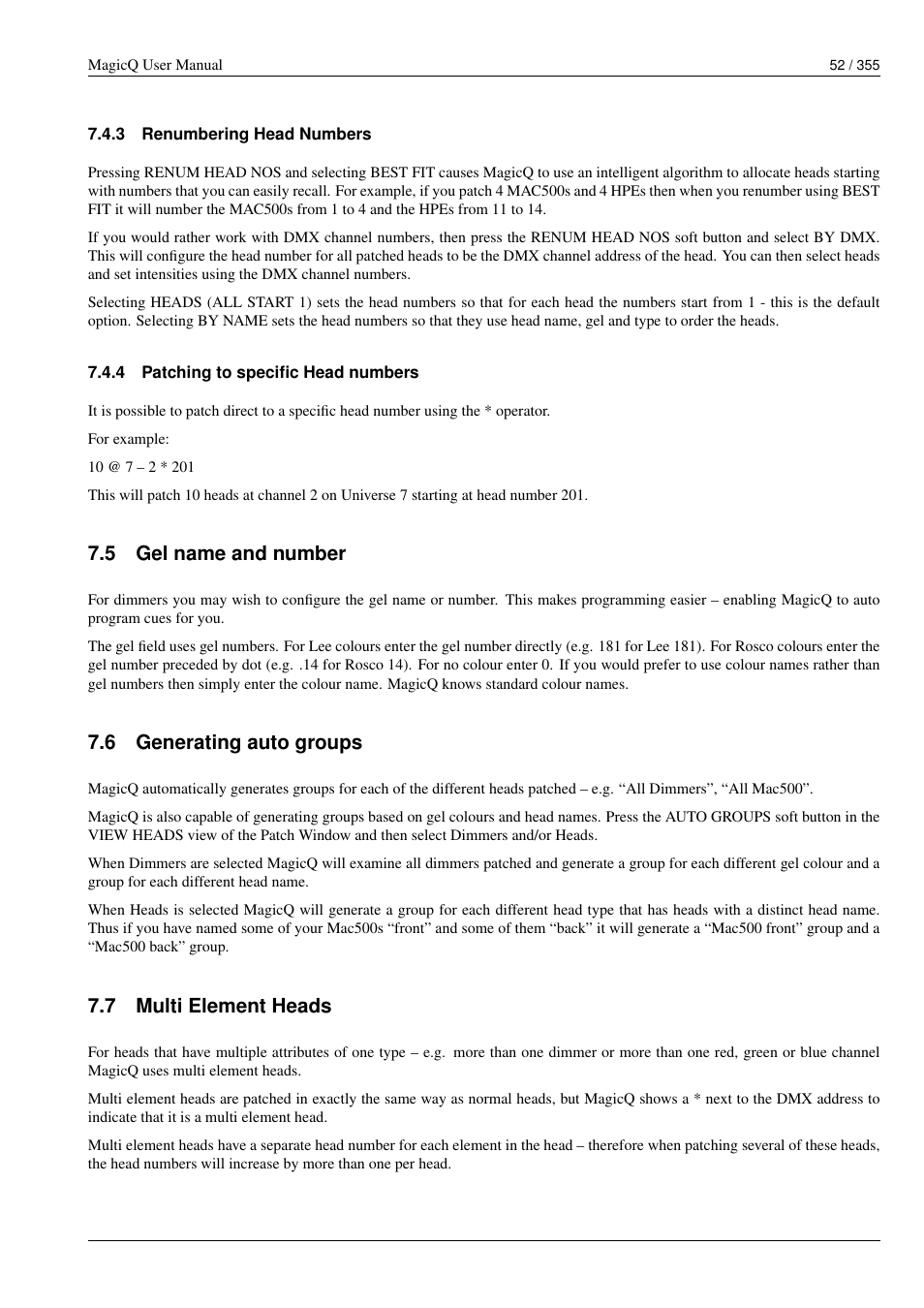 Renumbering head numbers, Patching to specific head numbers, Gel name and number | Generating auto groups, Multi element heads, 5 gel name and number, 6 generating auto groups, 7 multi element heads | ChamSys MagicQ User Manual User Manual | Page 81 / 384