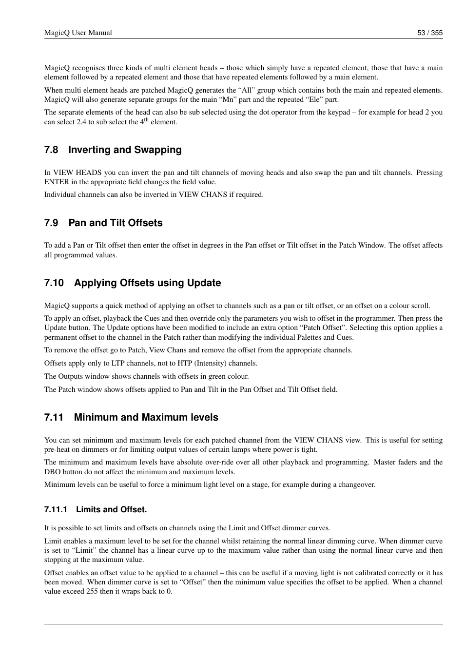 Inverting and swapping, Pan and tilt offsets, Applying offsets using update | Minimum and maximum levels, Limits and offset, 10 applying offsets using update, 11 minimum and maximum levels, 1 limits and offset, 8 inverting and swapping, 9 pan and tilt offsets | ChamSys MagicQ User Manual User Manual | Page 82 / 384