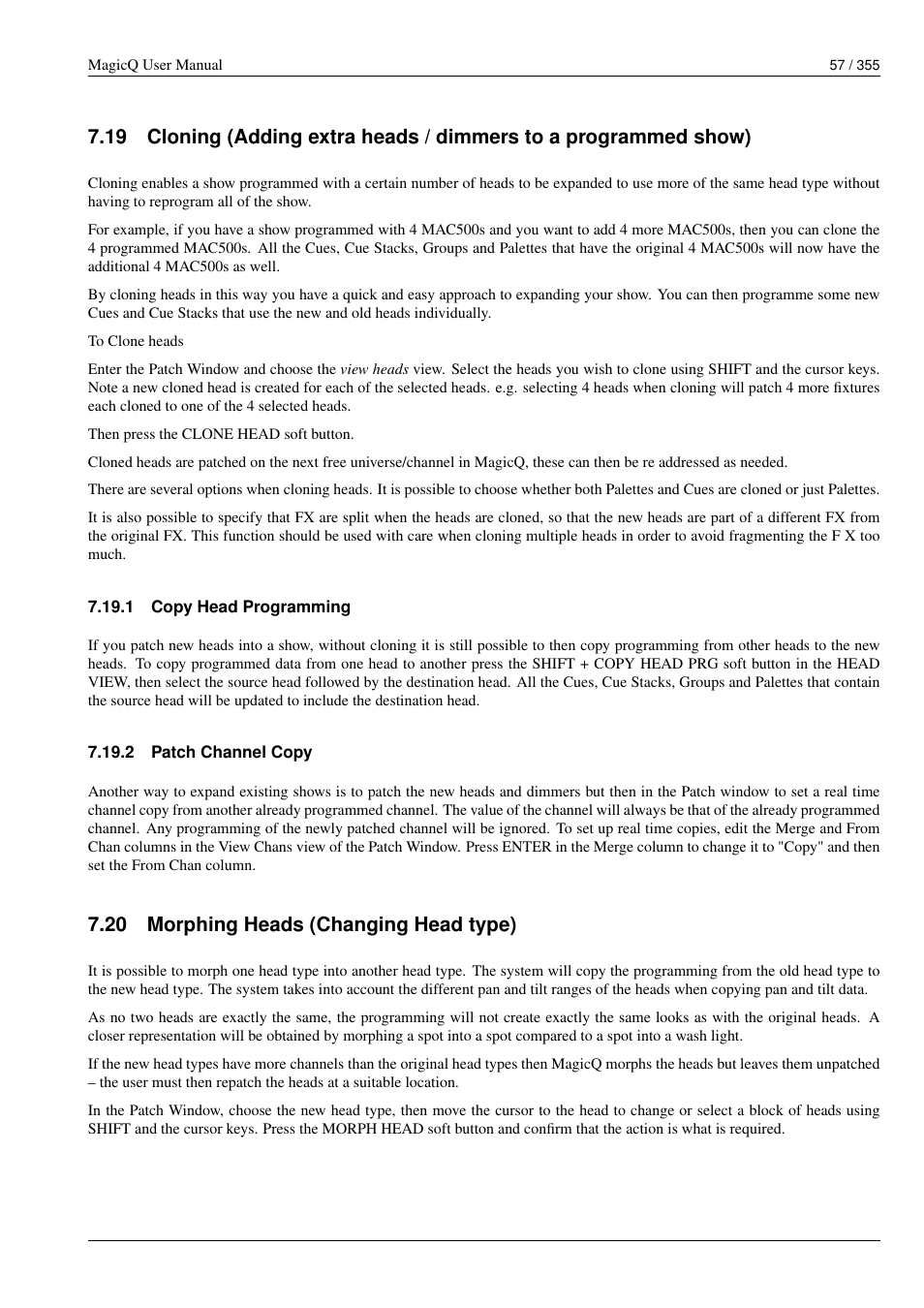 Copy head programming, Patch channel copy, Morphing heads (changing head type) | 1 copy head programming, 2 patch channel copy, 20 morphing heads (changing head type) | ChamSys MagicQ User Manual User Manual | Page 86 / 384