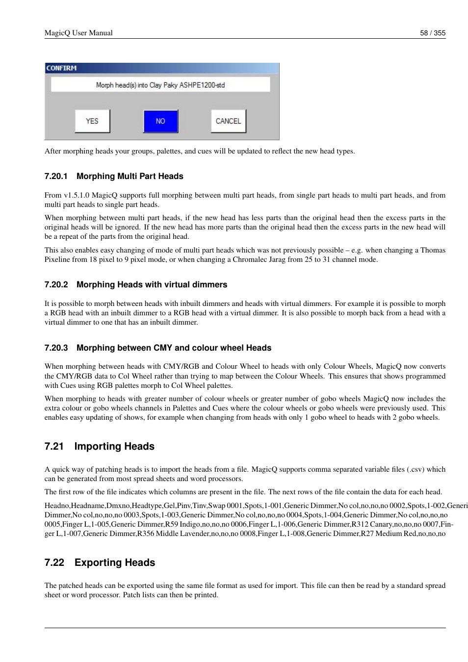 Morphing multi part heads, Morphing heads with virtual dimmers, Morphing between cmy and colour wheel heads | Importing heads, Exporting heads, 1 morphing multi part heads, 2 morphing heads with virtual dimmers, 3 morphing between cmy and colour wheel heads, 21 importing heads, 22 exporting heads | ChamSys MagicQ User Manual User Manual | Page 87 / 384