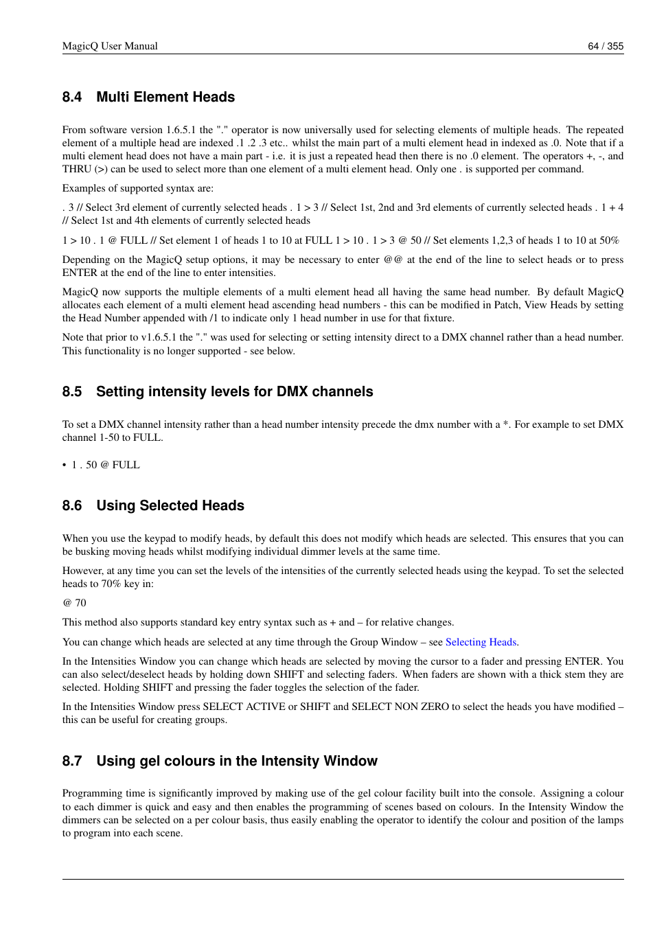 Multi element heads, Setting intensity levels for dmx channels, Using selected heads | Using gel colours in the intensity window, 4 multi element heads, 5 setting intensity levels for dmx channels, 6 using selected heads, 7 using gel colours in the intensity window | ChamSys MagicQ User Manual User Manual | Page 93 / 384