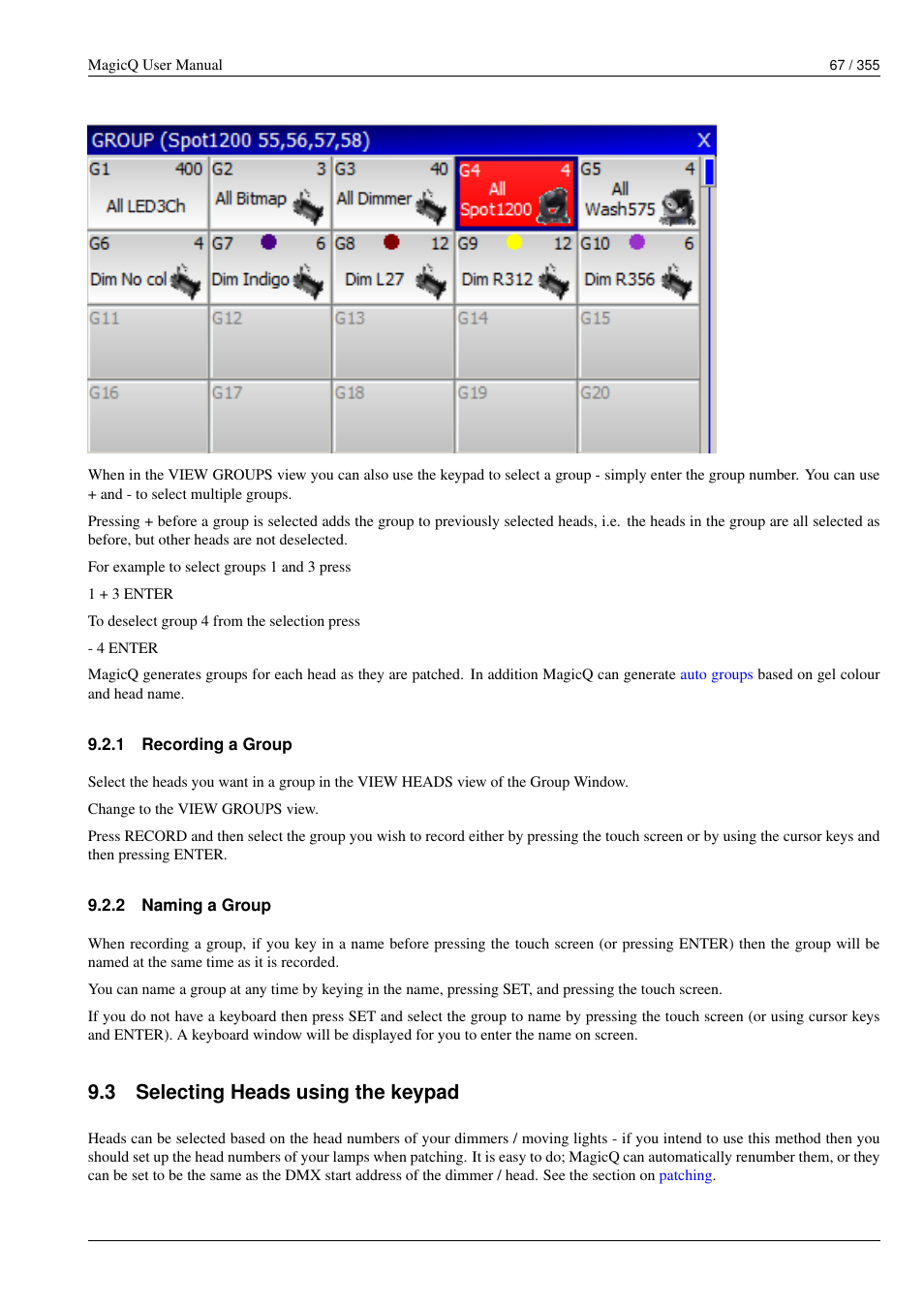 Recording a group, Naming a group, Selecting heads using the keypad | 3 selecting heads using the keypad | ChamSys MagicQ User Manual User Manual | Page 96 / 384