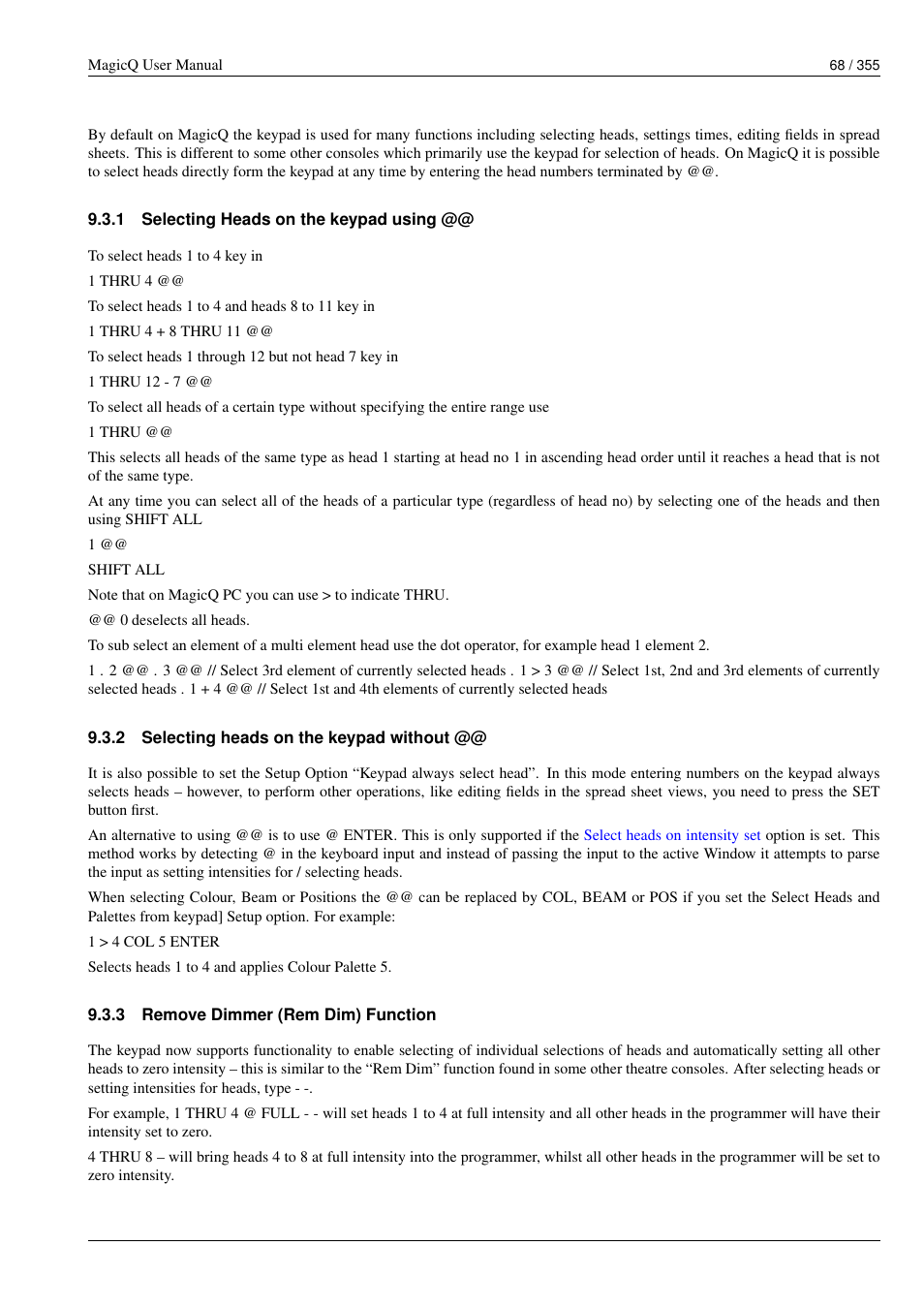 Selecting heads on the keypad using, Selecting heads on the keypad without, Remove dimmer (rem dim) function | ChamSys MagicQ User Manual User Manual | Page 97 / 384