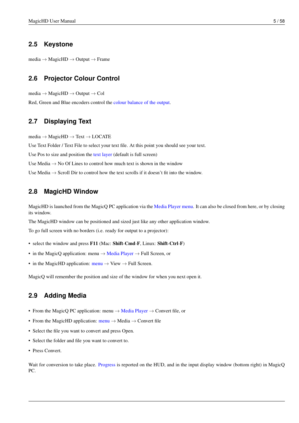 Keystone, Projector colour control, Displaying text | Magichd window, Adding media, 5 keystone, 6 projector colour control, 7 displaying text, 8 magichd window, 9 adding media | ChamSys MagicHD User Manual | Page 13 / 66