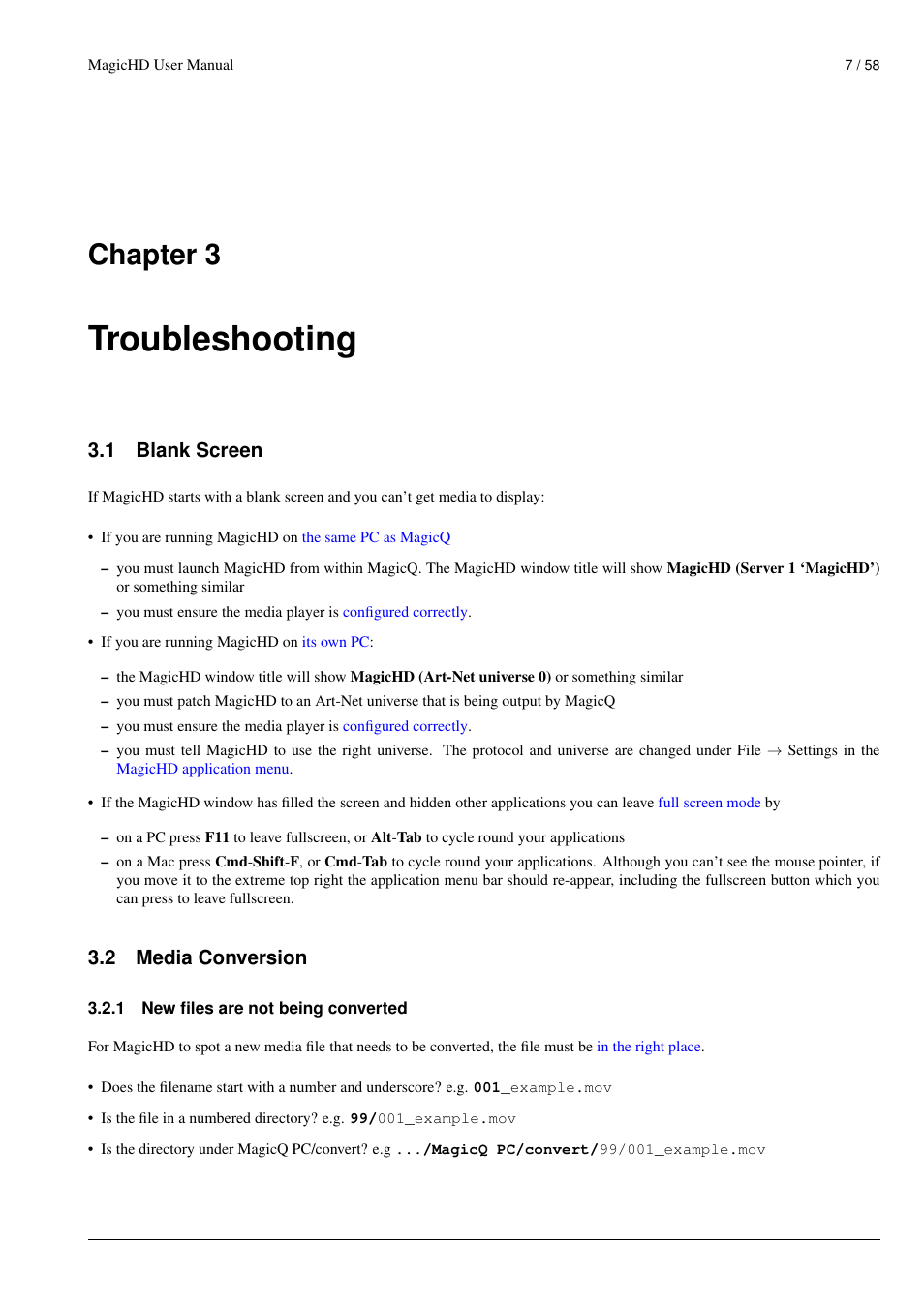 Troubleshooting, Blank screen, Media conversion | New files are not being converted, Chapter 3, 1 blank screen, 2 media conversion | ChamSys MagicHD User Manual | Page 15 / 66
