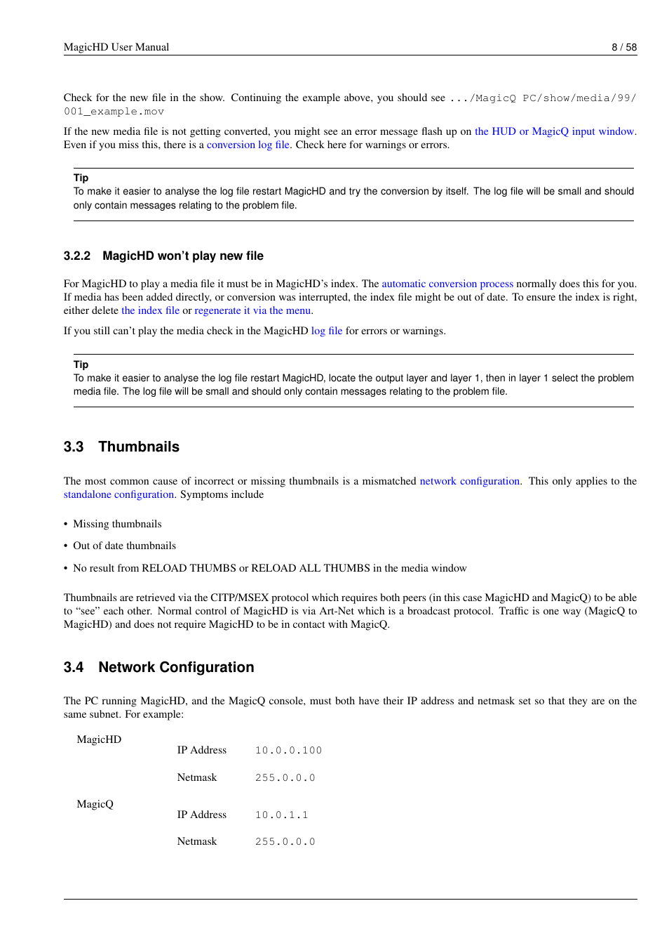 Magichd won't play new file, Thumbnails, Network configuration | Magichd won’t play new file, 3 thumbnails, 4 network configuration | ChamSys MagicHD User Manual | Page 16 / 66