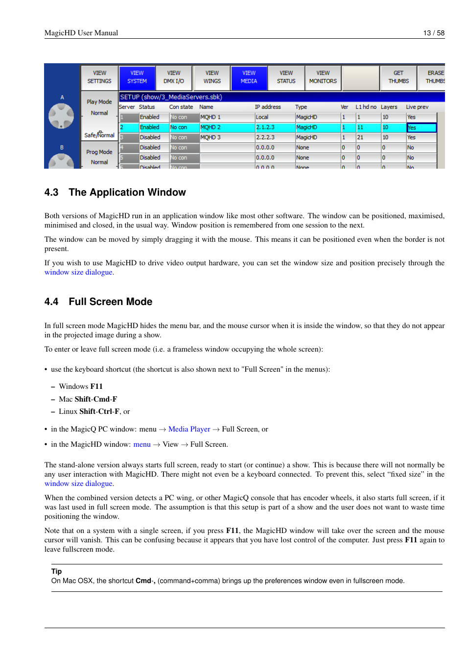 The application window, Full screen mode, 3 the application window | 4 full screen mode | ChamSys MagicHD User Manual | Page 21 / 66