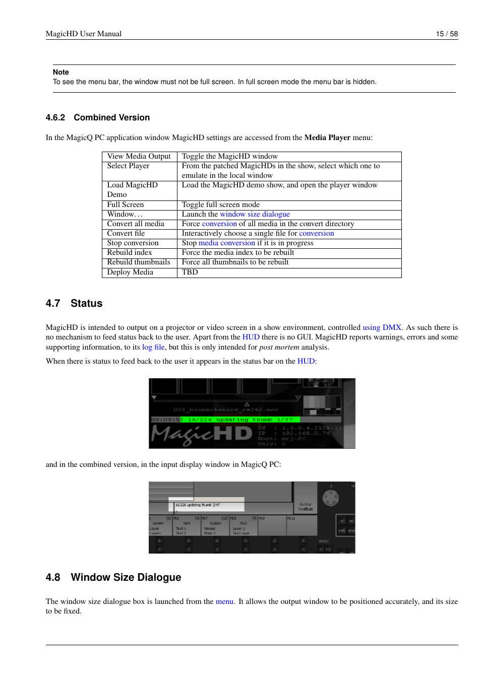 Combined version, Status, Window size dialogue | Magicq menu, Media player menu, Media player, Progress, The hud or magicq input window, 7 status, 8 window size dialogue | ChamSys MagicHD User Manual | Page 23 / 66