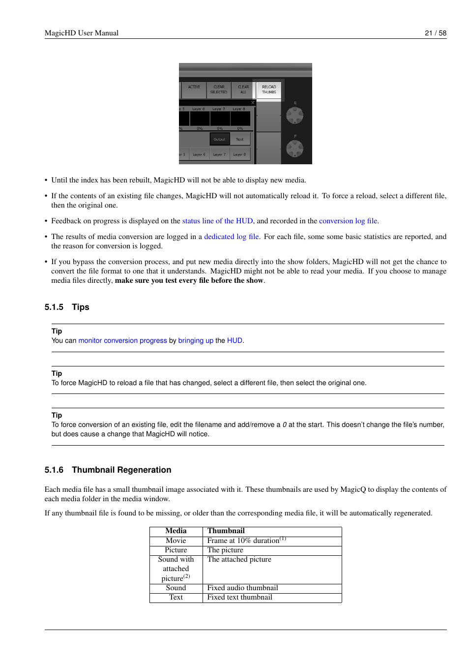 Tips, Thumbnail regeneration | ChamSys MagicHD User Manual | Page 29 / 66