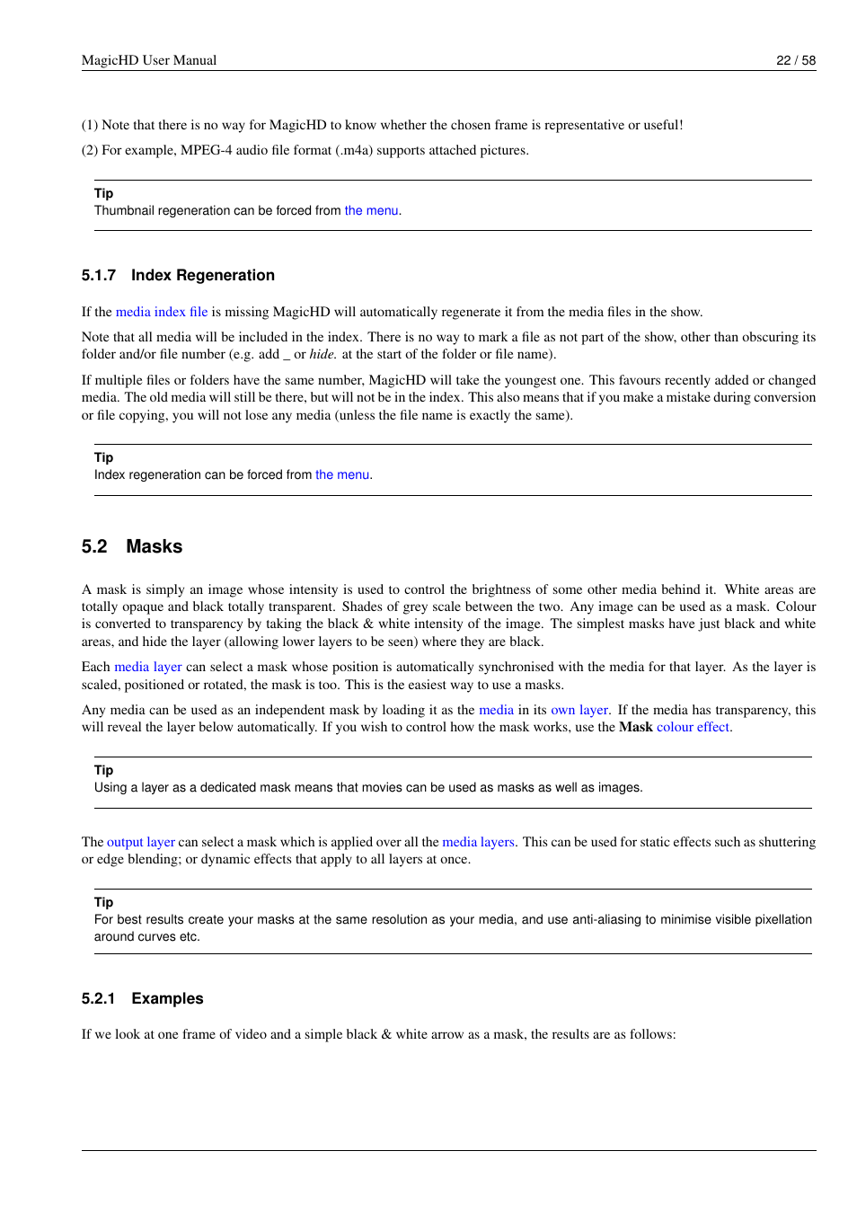 Index regeneration, Masks, Examples | Mask, Re-index the media, 2 masks | ChamSys MagicHD User Manual | Page 30 / 66