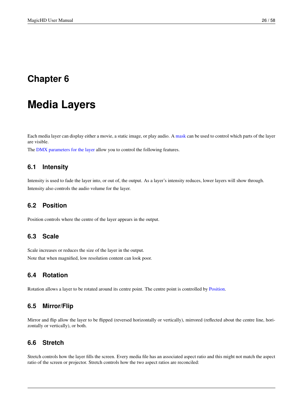 Media layers, Intensity, Position | Scale, Rotation, Mirror/flip, Stretch, Chapter 6 | ChamSys MagicHD User Manual | Page 34 / 66