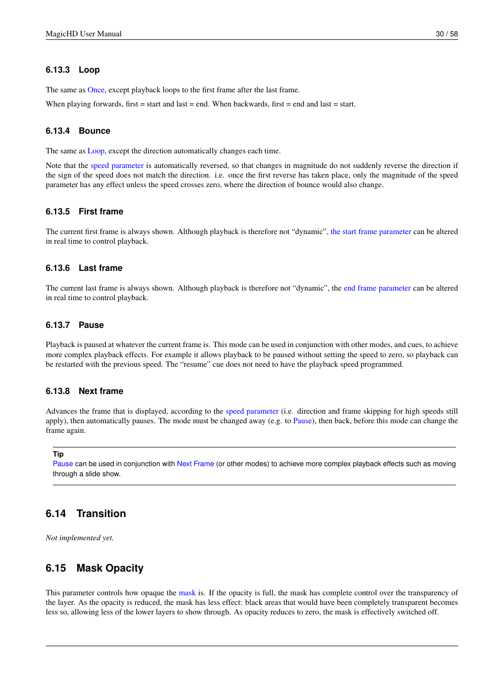 Loop, Bounce, First frame | Last frame, Pause, Next frame, Transition, Mask opacity, 3 loop, 4 bounce | ChamSys MagicHD User Manual | Page 38 / 66
