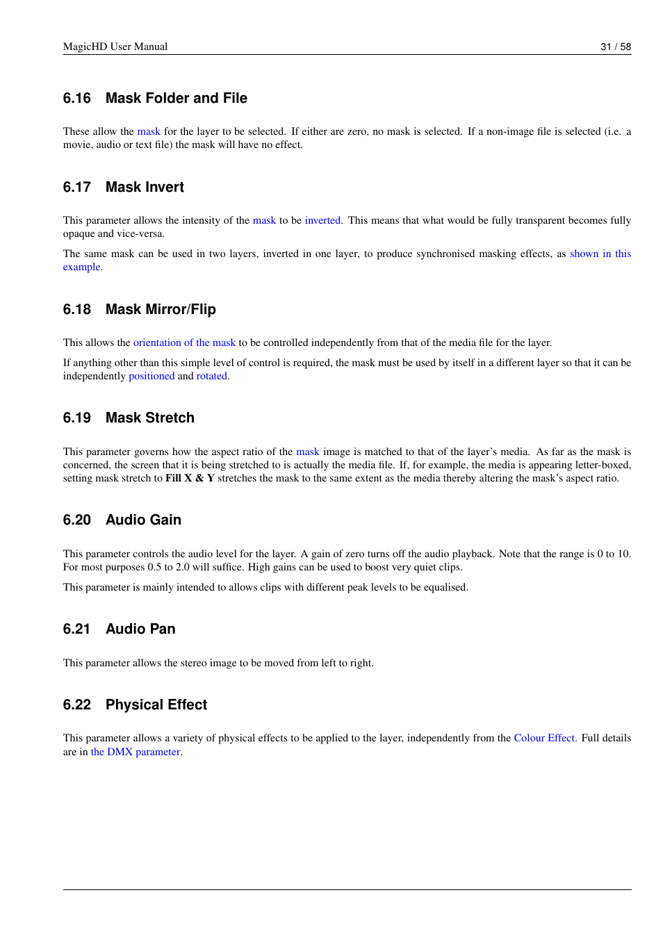 Mask folder and file, Mask invert, Mask mirror/flip | Mask stretch, Audio gain, Audio pan, Physical effect, 16 mask folder and file, 17 mask invert, 18 mask mirror/flip | ChamSys MagicHD User Manual | Page 39 / 66