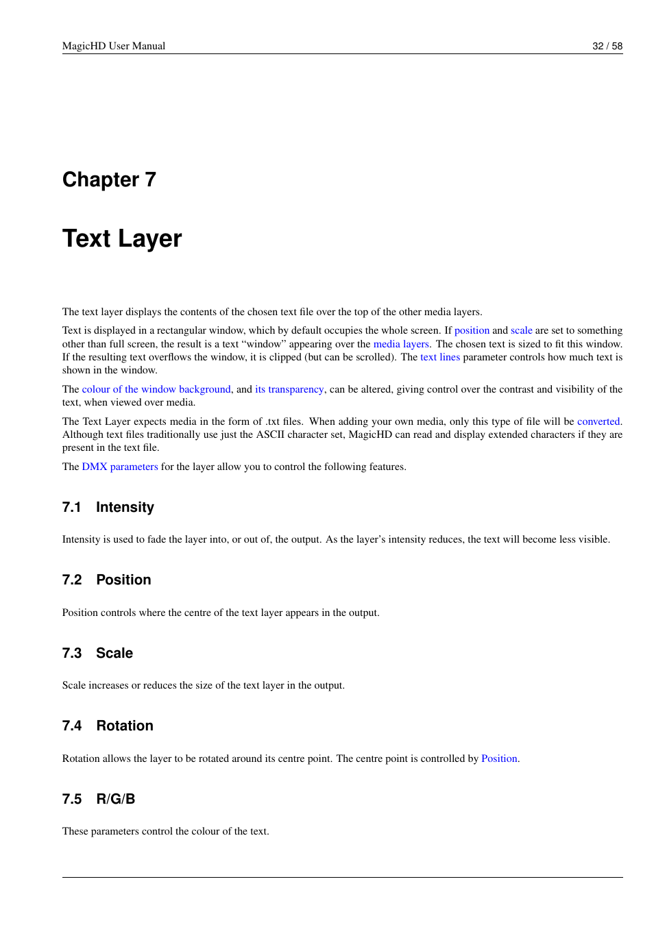 Text layer, Intensity, Position | Scale, Rotation, R/g/b, Text, Chapter 7 | ChamSys MagicHD User Manual | Page 40 / 66