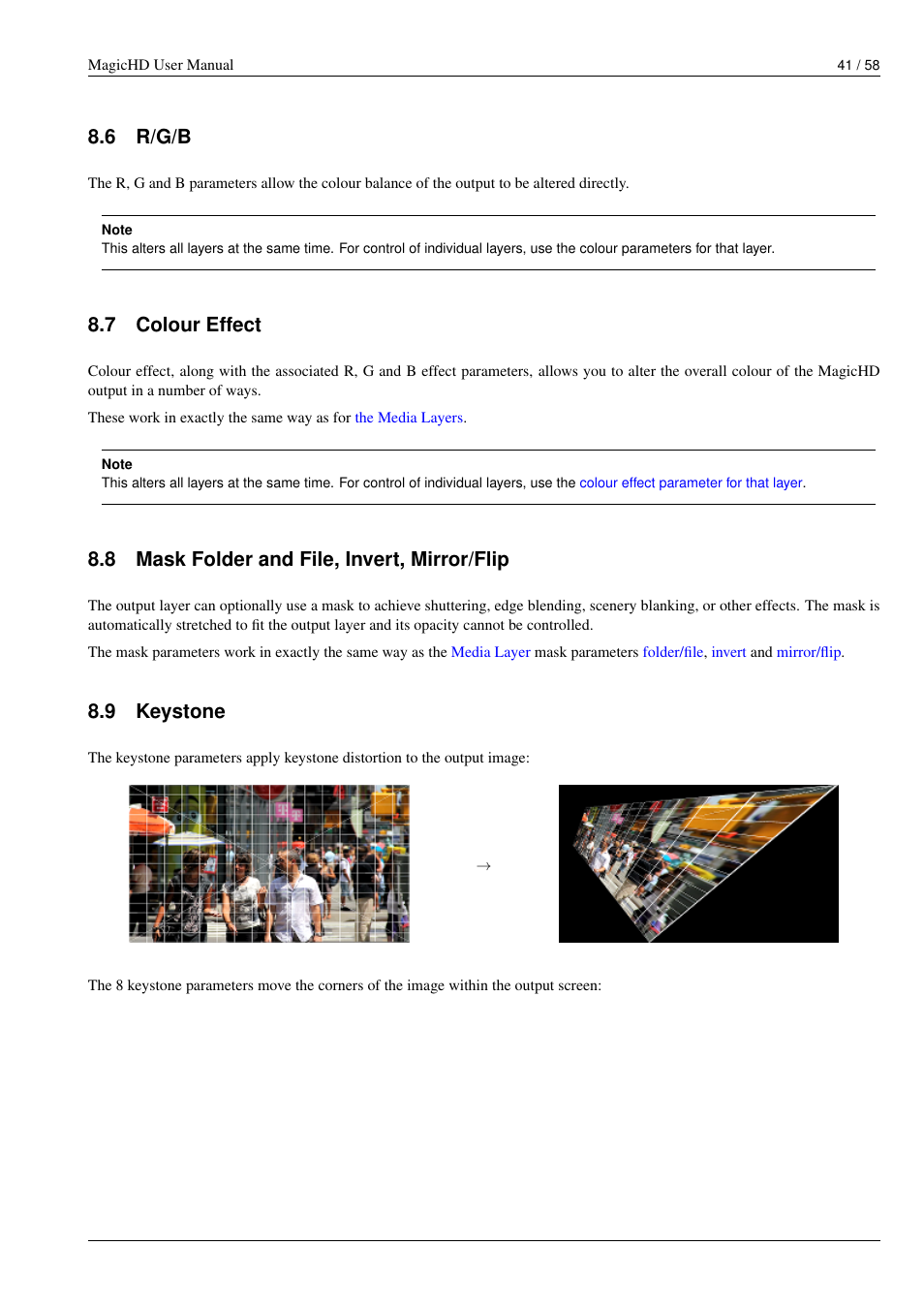 R/g/b, Colour effect, Mask folder and file, invert, mirror/flip | Keystone, Colour balance of the output, The 8 encoders, 6 r/g/b, 7 colour effect, 8 mask folder and file, invert, mirror/flip, 9 keystone | ChamSys MagicHD User Manual | Page 49 / 66