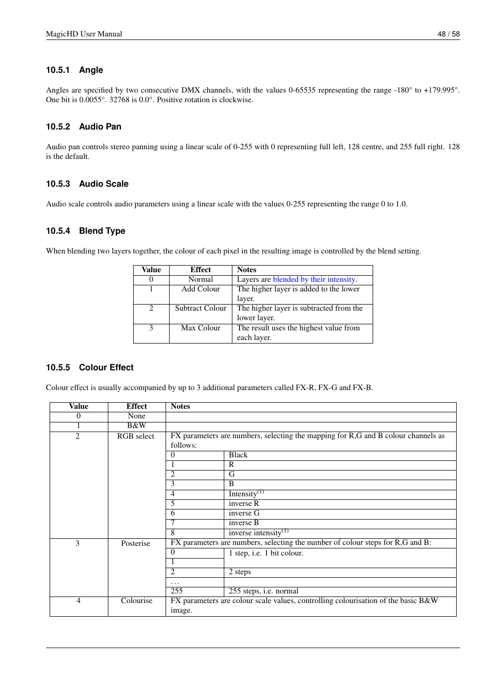 Angle, Audio pan, Audio scale | Blend type, Colour effect, 1 angle, 2 audio pan, 3 audio scale, 4 blend type, 5 colour effect | ChamSys MagicHD User Manual | Page 56 / 66