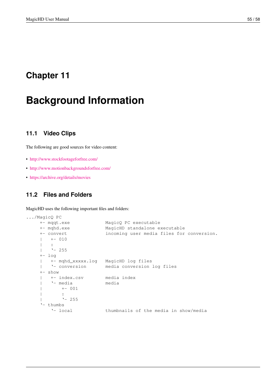 Background information, Video clips, Files and folders | 11 background information, 1 video clips, 2 files and folders, Convert folder, Conversion log file, The index file, Log file | ChamSys MagicHD User Manual | Page 63 / 66