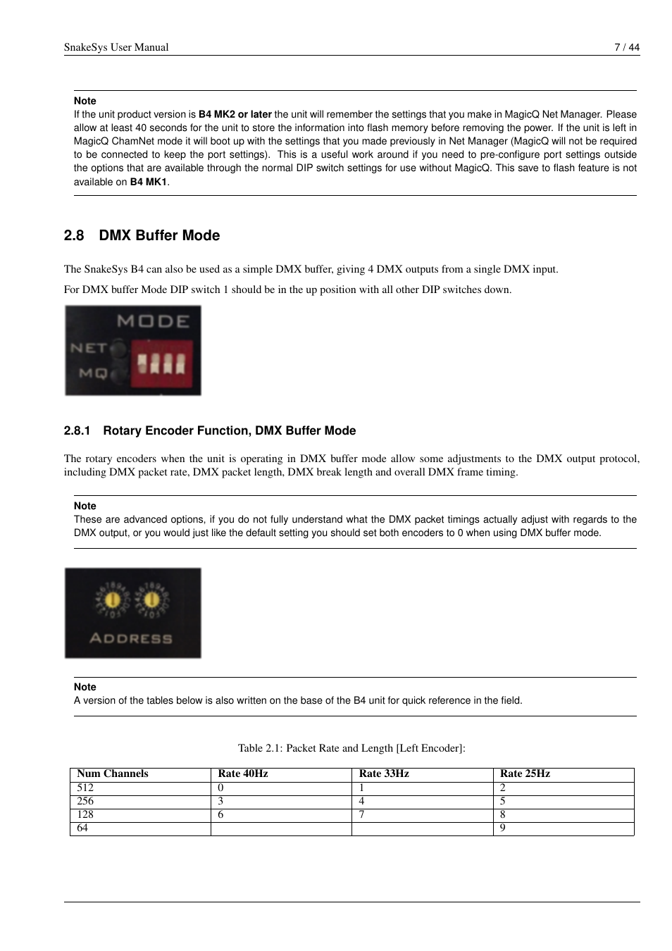 Dmx buffer mode, Rotary encoder function, dmx buffer mode, 8 dmx buffer mode | ChamSys SnakeSys User Manual | Page 13 / 50