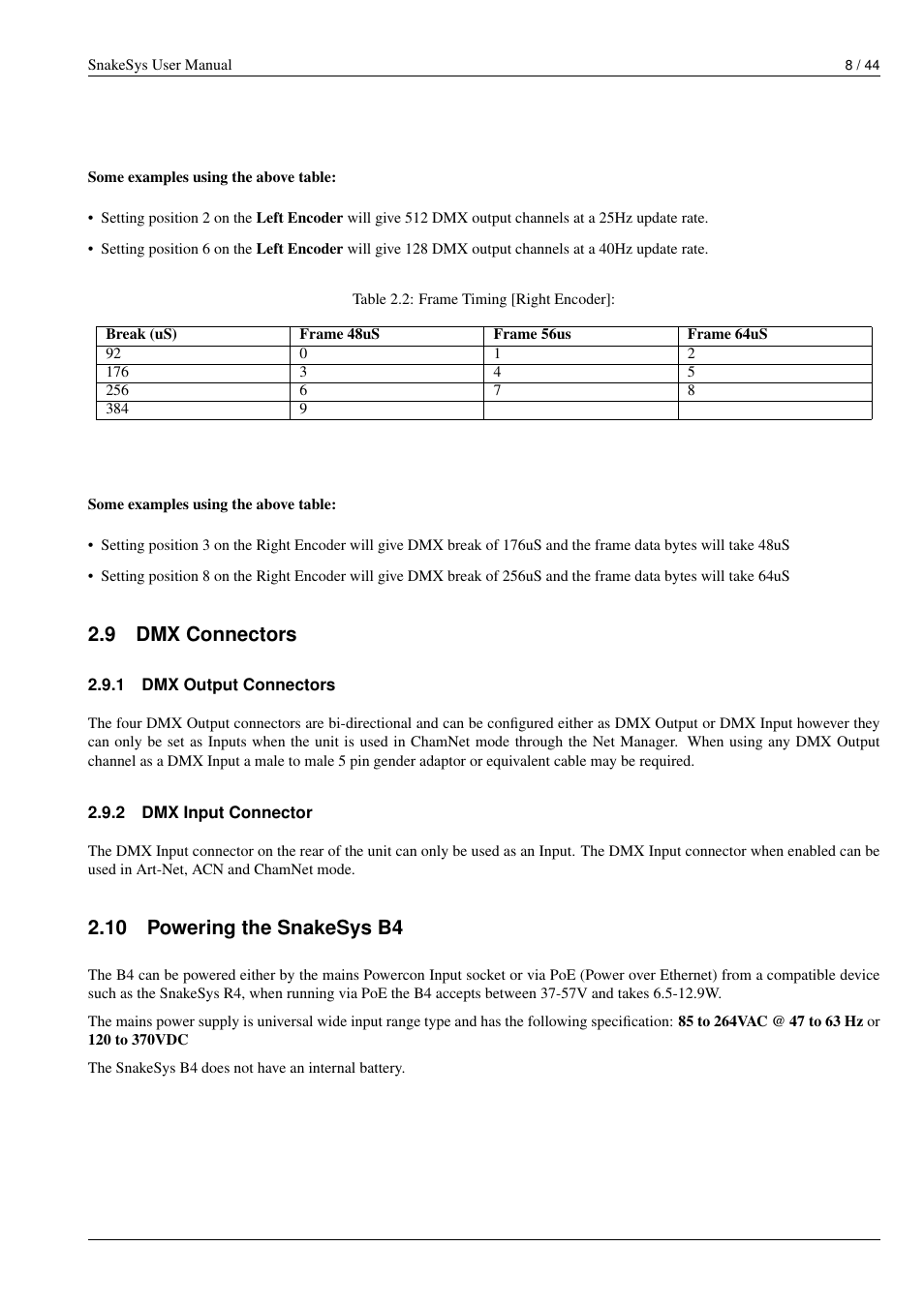 Dmx connectors, Dmx output connectors, Dmx input connector | Powering the snakesys b4, 10 powering the snakesys b4, 9 dmx connectors | ChamSys SnakeSys User Manual | Page 14 / 50
