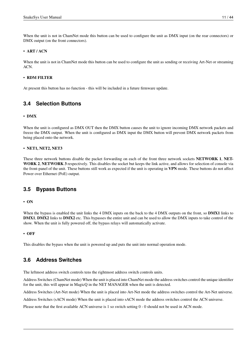 Selection buttons, Bypass buttons, Address switches | 4 selection buttons, 5 bypass buttons, 6 address switches | ChamSys SnakeSys User Manual | Page 17 / 50