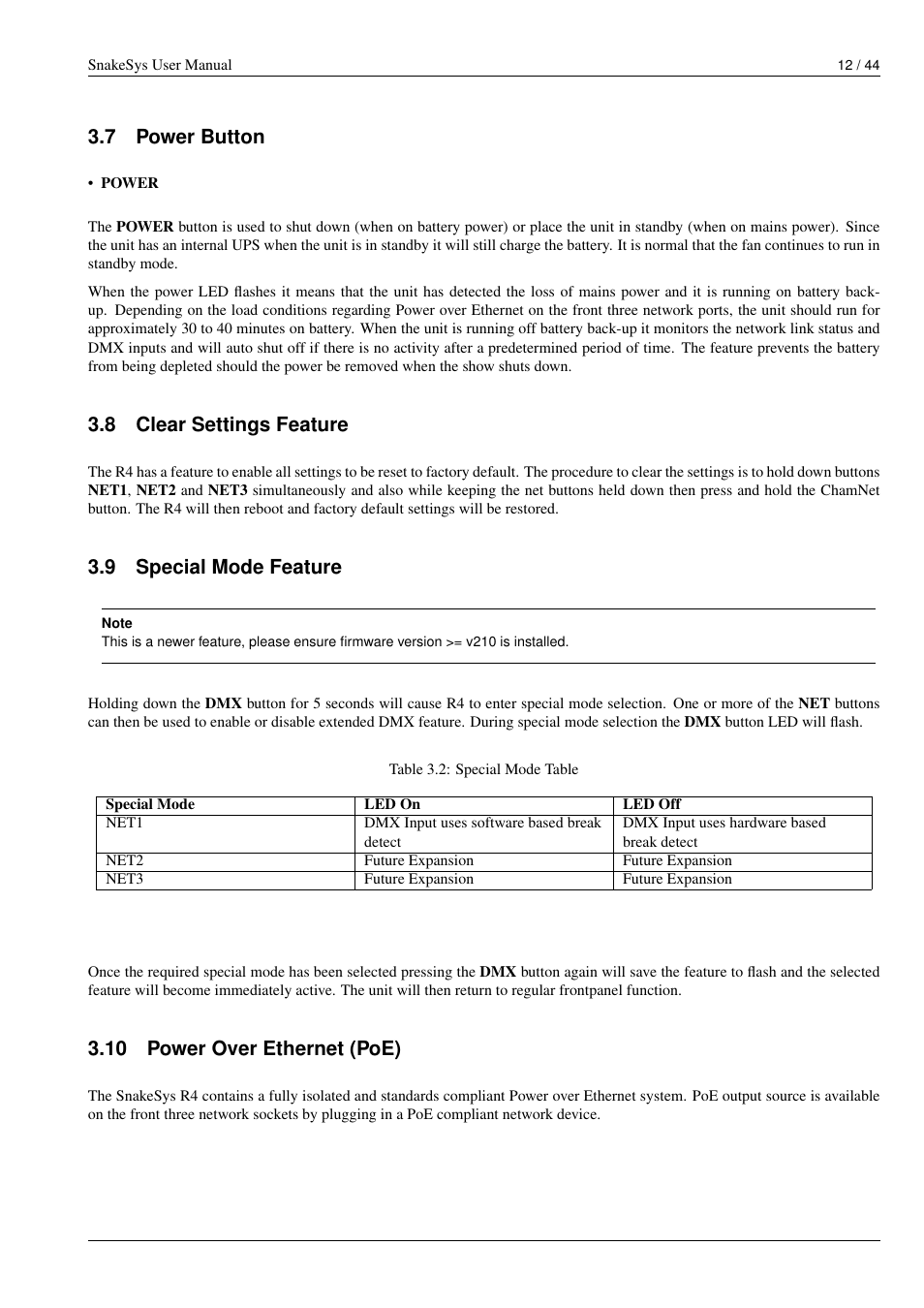 Power button, Clear settings feature, Special mode feature | Power over ethernet (poe), 10 power over ethernet (poe), 7 power button, 8 clear settings feature, 9 special mode feature | ChamSys SnakeSys User Manual | Page 18 / 50