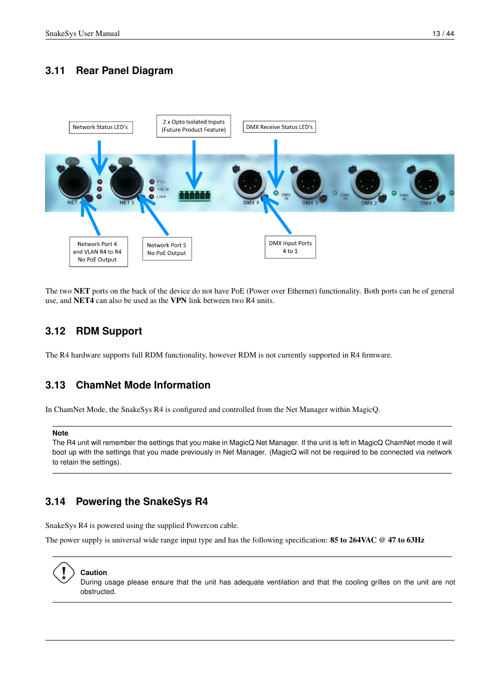 Rear panel diagram, Rdm support, Chamnet mode information | Powering the snakesys r4, 11 rear panel diagram, 12 rdm support, 13 chamnet mode information, 14 powering the snakesys r4 | ChamSys SnakeSys User Manual | Page 19 / 50