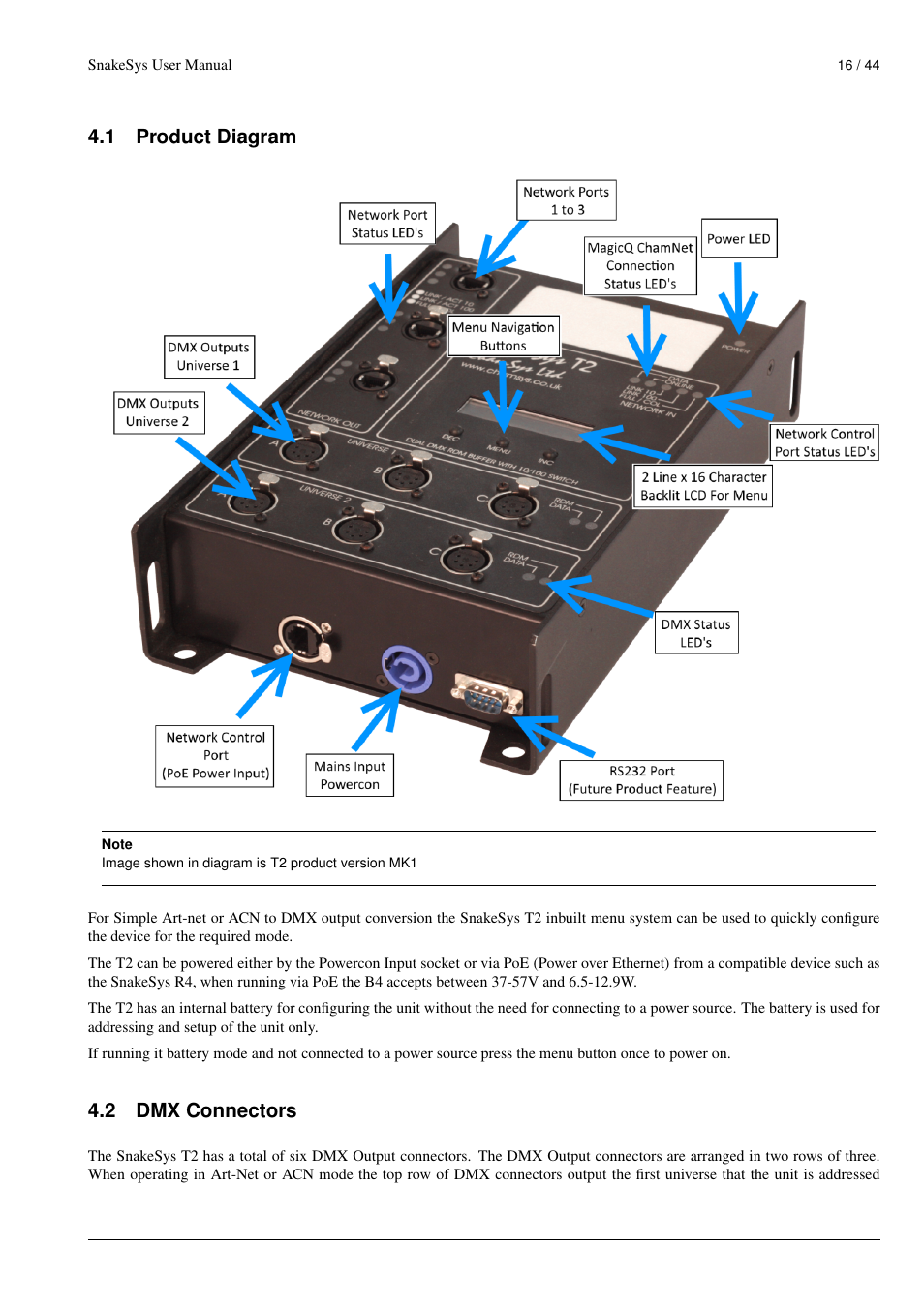 Product diagram, Dmx connectors, 1 product diagram | 2 dmx connectors | ChamSys SnakeSys User Manual | Page 22 / 50