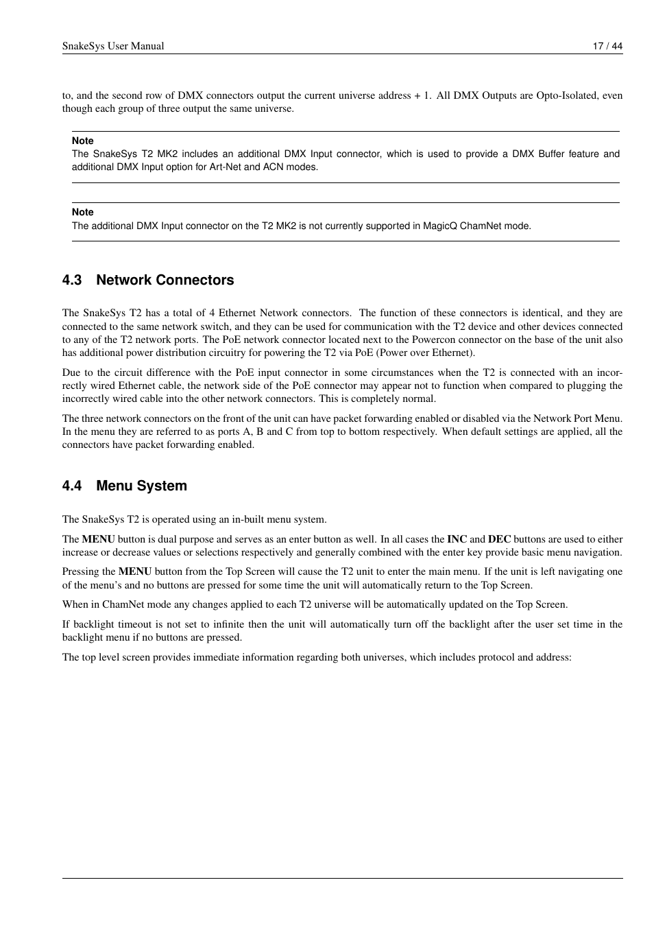 Network connectors, Menu system, 3 network connectors | 4 menu system | ChamSys SnakeSys User Manual | Page 23 / 50