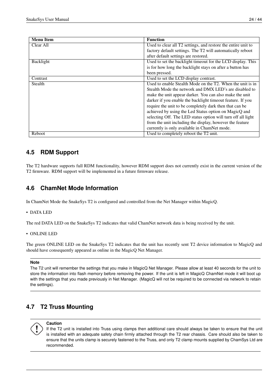 Rdm support, Chamnet mode information, T2 truss mounting | 5 rdm support, 6 chamnet mode information, 7 t2 truss mounting | ChamSys SnakeSys User Manual | Page 30 / 50