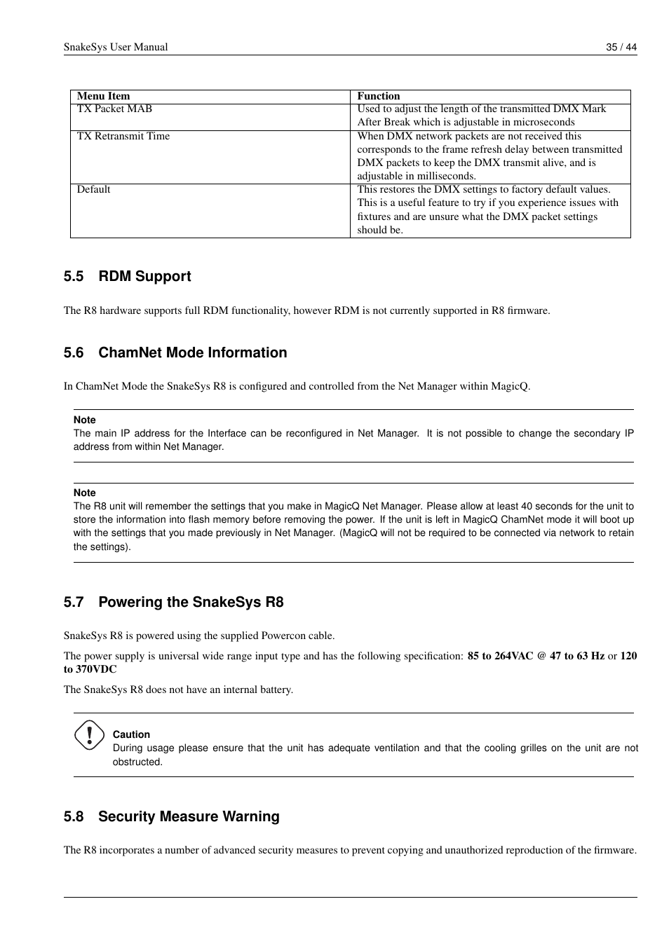 Rdm support, Chamnet mode information, Powering the snakesys r8 | Security measure warning, 5 rdm support, 6 chamnet mode information, 7 powering the snakesys r8, 8 security measure warning | ChamSys SnakeSys User Manual | Page 41 / 50