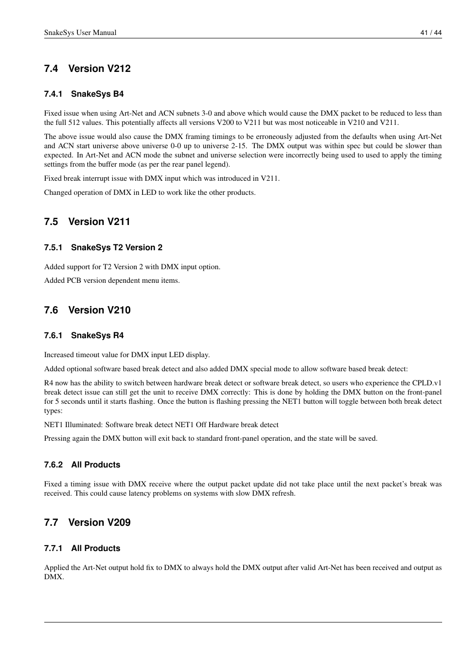 Version v212, Snakesys b4, Version v211 | Snakesys t2 version 2, Version v210, Snakesys r4, All products, Version v209 | ChamSys SnakeSys User Manual | Page 47 / 50