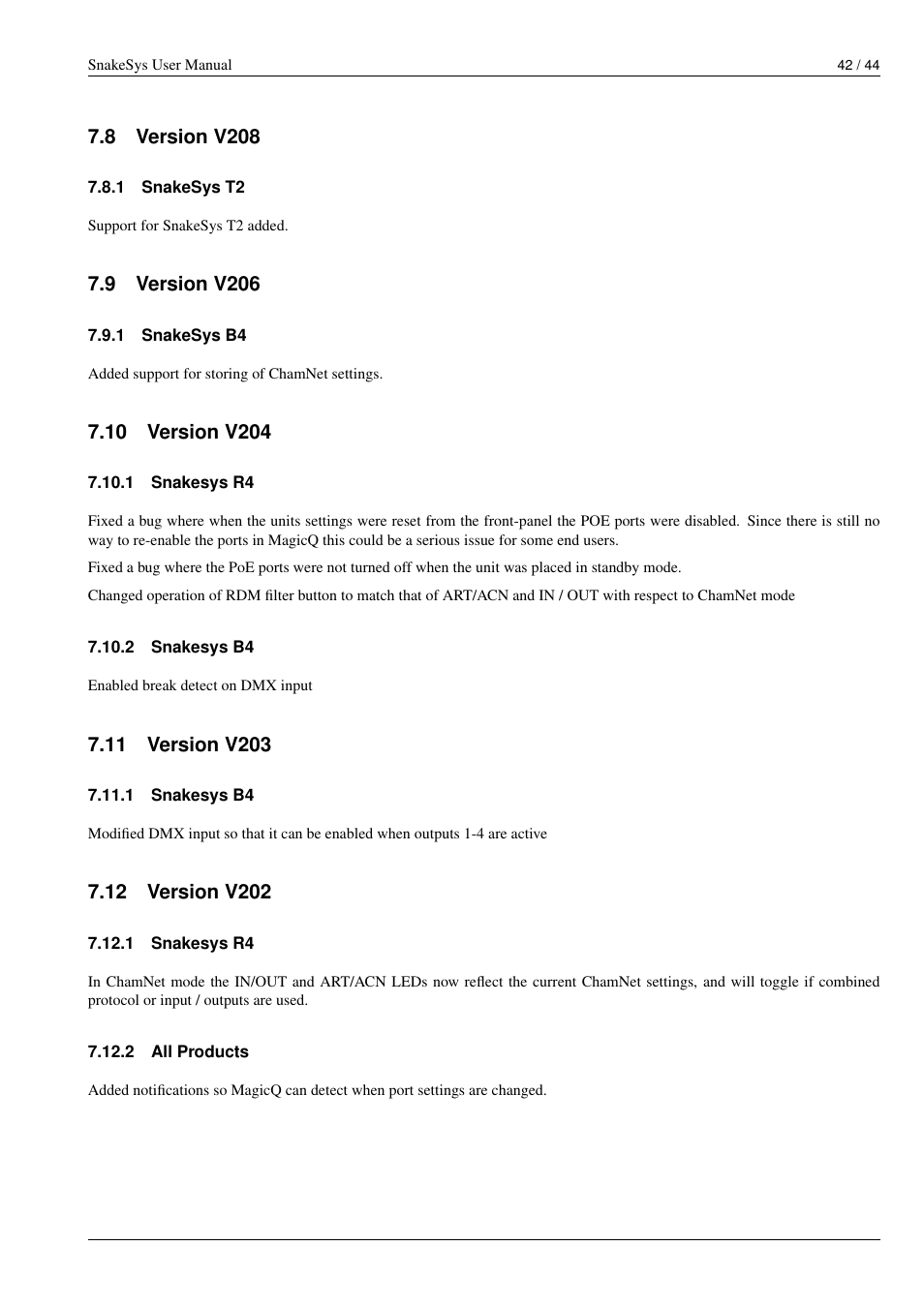 Version v208, Snakesys t2, Version v206 | Snakesys b4, Version v204, Snakesys r4, Version v203, Version v202, All products, 10 version v204 | ChamSys SnakeSys User Manual | Page 48 / 50