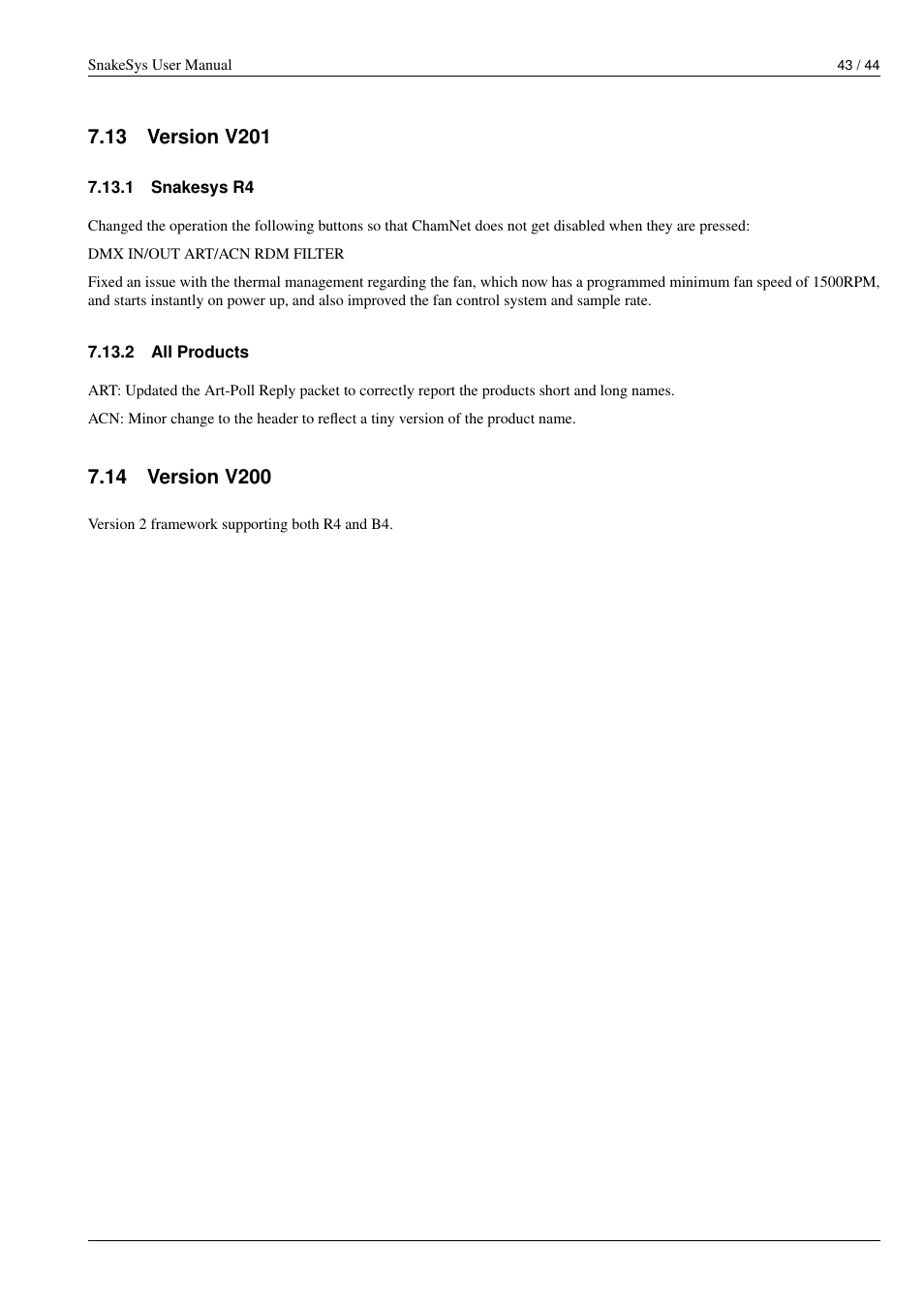 Version v201, Snakesys r4, All products | Version v200, 13 version v201, 1 snakesys r4, 2 all products, 14 version v200 | ChamSys SnakeSys User Manual | Page 49 / 50