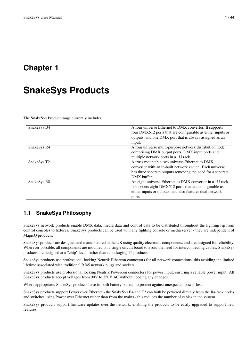 Snakesys products, Snakesys philosophy, Chapter 1 | ChamSys SnakeSys User Manual | Page 7 / 50