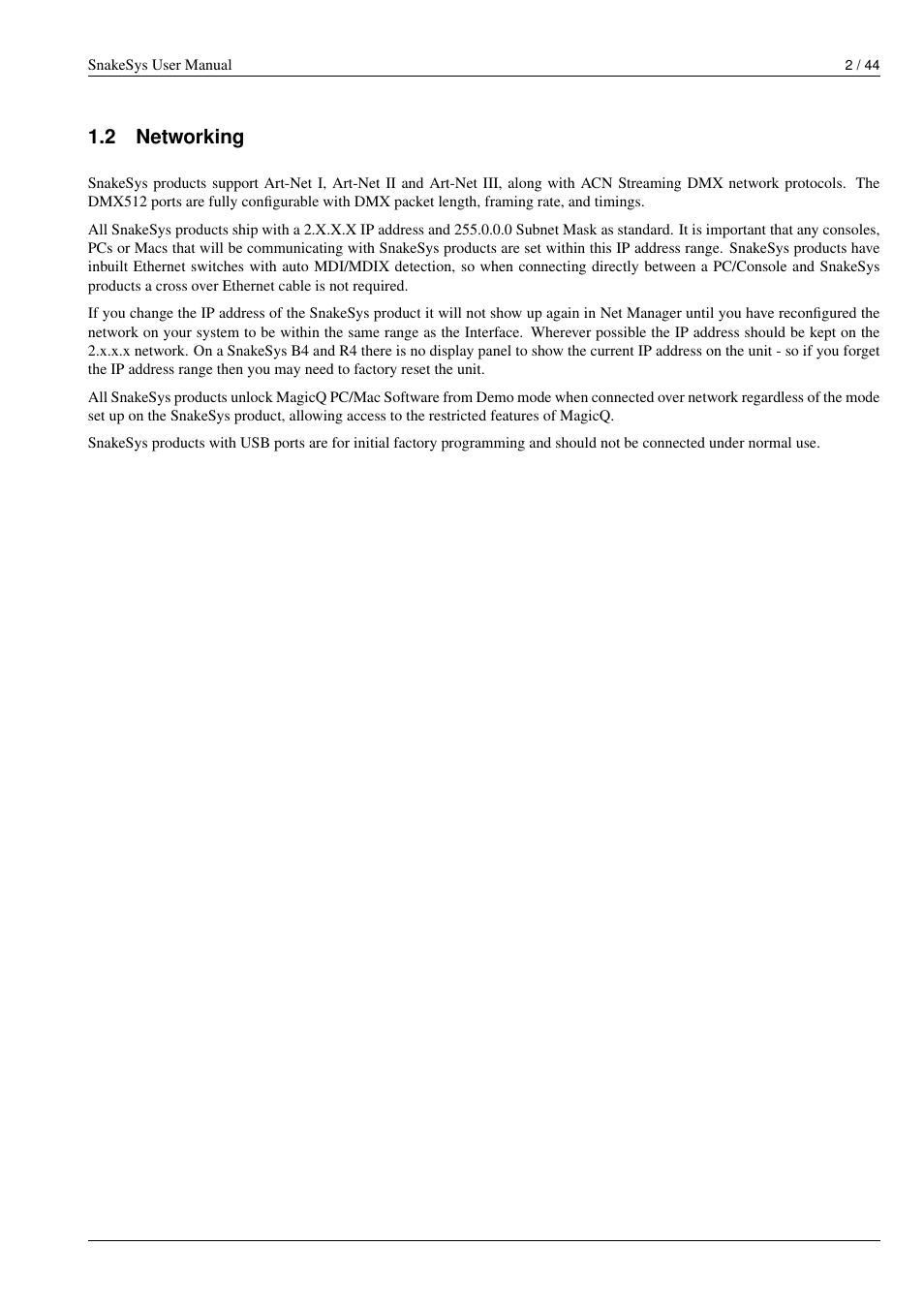 Networking, 2 networking | ChamSys SnakeSys User Manual | Page 8 / 50