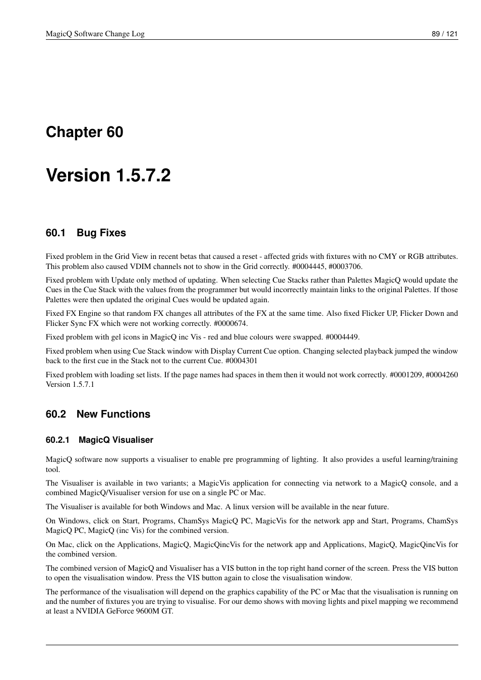 Version 1.5.7.2, Bug fixes, New functions | Magicq visualiser, 60 version 1.5.7.2, 1 bug fixes, 2 new functions, 1 magicq visualiser, Chapter 60 | ChamSys MagicQ Software Change Log User Manual | Page 103 / 135