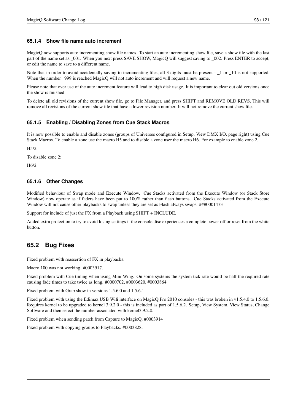 Show file name auto increment, Enabling / disabling zones from cue stack macros, Other changes | Bug fixes, 4 show file name auto increment, 5 enabling / disabling zones from cue stack macros, 6 other changes, 2 bug fixes | ChamSys MagicQ Software Change Log User Manual | Page 112 / 135