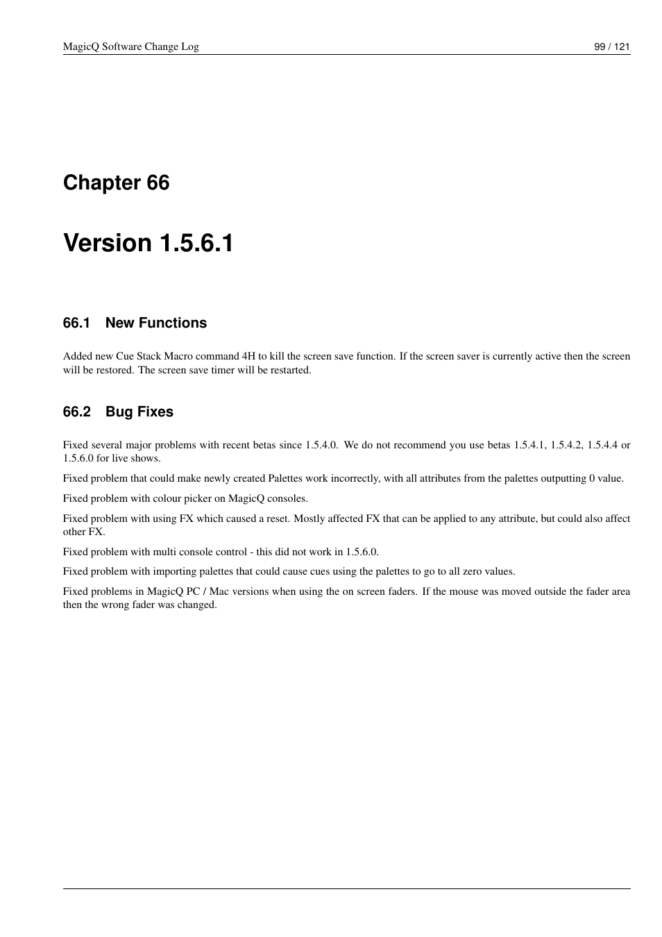 Version 1.5.6.1, New functions, Bug fixes | 66 version 1.5.6.1, 1 new functions, 2 bug fixes, Chapter 66 | ChamSys MagicQ Software Change Log User Manual | Page 113 / 135