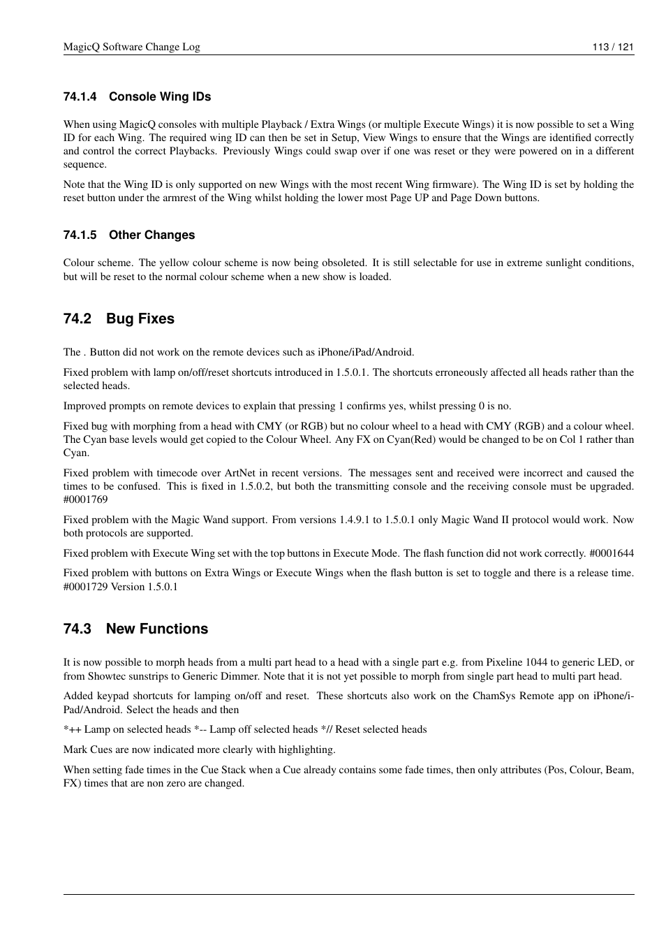 Console wing ids, Other changes, Bug fixes | New functions, 4 console wing ids, 5 other changes, 2 bug fixes, 3 new functions | ChamSys MagicQ Software Change Log User Manual | Page 127 / 135