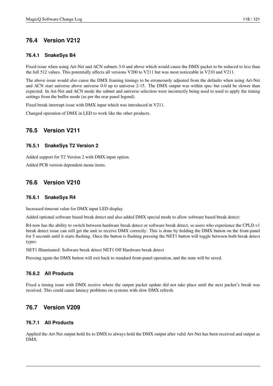 Version v212, Snakesys b4, Version v211 | Snakesys t2 version 2, Version v210, Snakesys r4, All products, Version v209, 4 version v212, 1 snakesys b4 | ChamSys MagicQ Software Change Log User Manual | Page 132 / 135