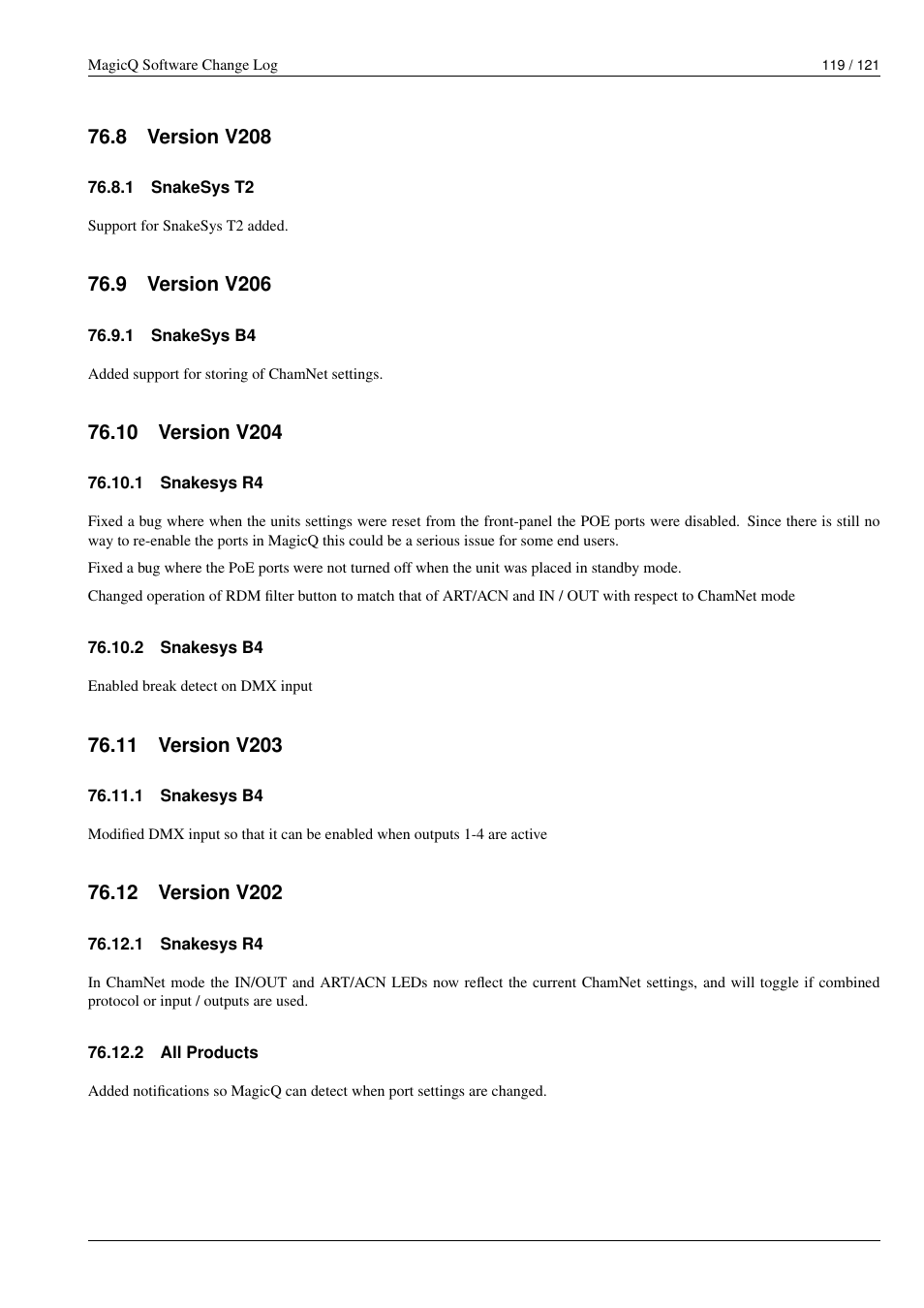 Version v208, Snakesys t2, Version v206 | Snakesys b4, Version v204, Snakesys r4, Version v203, Version v202, All products, 8 version v208 | ChamSys MagicQ Software Change Log User Manual | Page 133 / 135