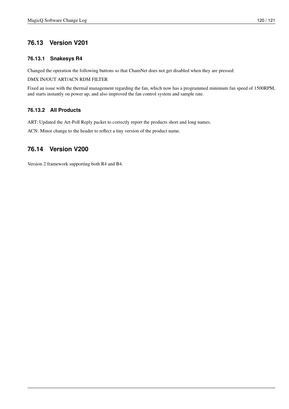 Version v201, Snakesys r4, All products | Version v200, 13version v201, 1 snakesys r4, 2 all products, 14version v200 | ChamSys MagicQ Software Change Log User Manual | Page 134 / 135
